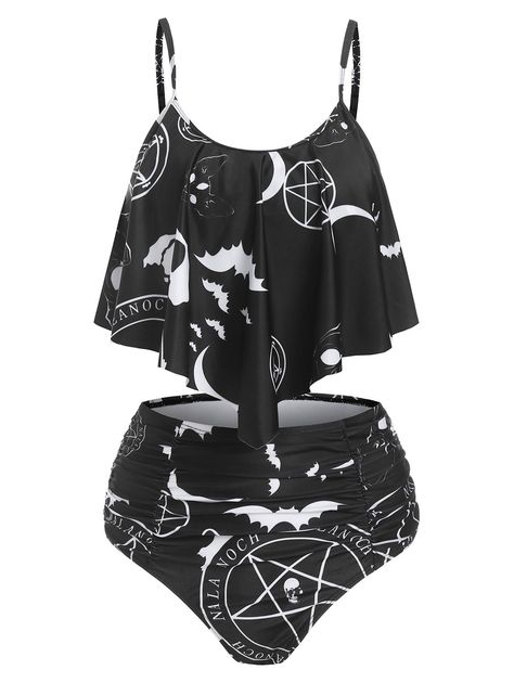 [24% OFF] 2021 Crescent Star Bat Print Ruched Padded Tankini Set In BLACK | DressLily Ruched Tankini, Bat Print, Kei Visual, Beach Bathing Suits, Black Tankini, Clothing Sites, Swimming Suit, Swimwear Tankini, Tankini Set