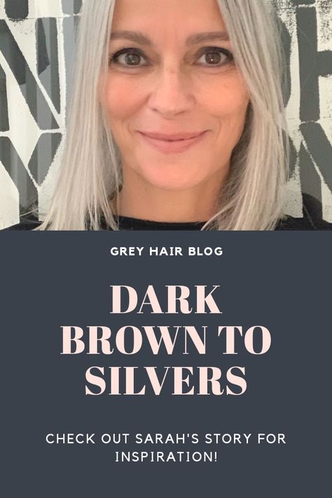 Going From Brown To Grey Hair, Highlights For Dark Brown Hair Going Grey, Dark Brown Hair Going Grey, Stripping Hair Color To Go Gray, How To Strip Hair Color, Dye Strip Technique For Gray Hair, Grombre Transition, How To Go Gray After Coloring Hair, Dark Hair Going Gray