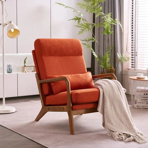 Carrabotta Upholstered Armchair Guest Room Farmhouse, Corner Reading Chair, Loft Airbnb, Private Practice Office, Mcm Scandinavian, High Back Lounge Chair, Upstairs Living Room, Library Project, Retro Armchair