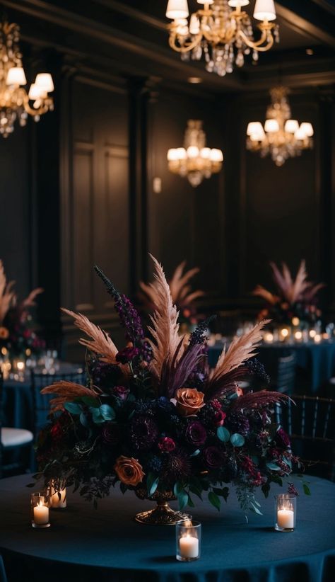 18 Dark Fairytale Wedding Ideas - WithLoveLive Dark Wedding Aesthetic Outside, Dark Fairytale Wedding Table Decor, Dark Wedding Reception Aesthetic, Fantasy Wedding Decorations, Fantasy Theme Wedding, Gothic Centerpieces Wedding, Dark Romance Wedding Theme, Dark Color Wedding Themes, Dark Romantic Wedding Decor