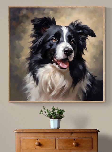 This captivating art print features a joyful Border Collie, portrayed in a classical portrait style. The rich textures and the dog's striking black and white coat are rendered with meticulous attention to detail, inviting viewers to appreciate the beauty and intelligence of this beloved breed. It's an ideal piece for adding a touch of warmth and personality to your living space or as a thoughtful gift for someone special.  This high definition giclee art print is printed on premium heavyweight 2 The Most Cutest Puppies Ever, Border Collie Acrylic Painting, Border Collie Oil Painting, Border Collie Painting, Border Collie Portrait, Collie Painting, Border Collie Black, Paintings Of Dogs, Border Collie Pictures