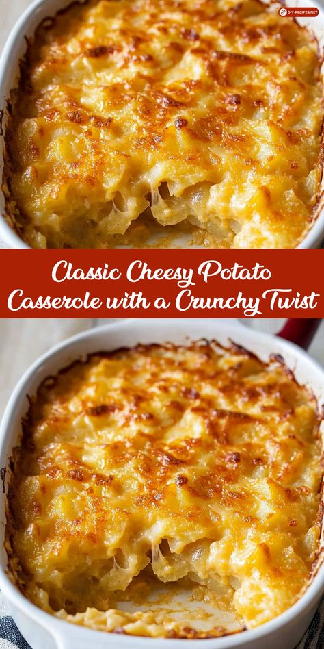 Try this classic cheesy potato casserole with a crunchy twist! Made with sharp cheddar and topped with crispy potato chips, it's a crowd-pleasing dish that's easy to make. Cheesy Potatoes With Potato Chips, Cheesy Yellow Potatoes, Best Cheesy Potato Casserole, Ideas For Potatoes Easy Recipes, Potato Chip Casserole Recipes, Baked Cheesey Potatoes, Brunch Potatoes Casserole, Cheesy Potatoes With Velveeta, Cheesey Potatoes Easy Recipe