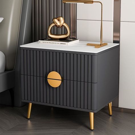 Night Stands Bedroom Bedside Tables Modern, Side Drawers Bedrooms, Side Tables Bedroom Modern Luxury, Side Tables Bedroom Modern, White And Gold Nightstand, Gray Side Table, Side Table Ideas, Grey Carpet Bedroom, Bedside Commode