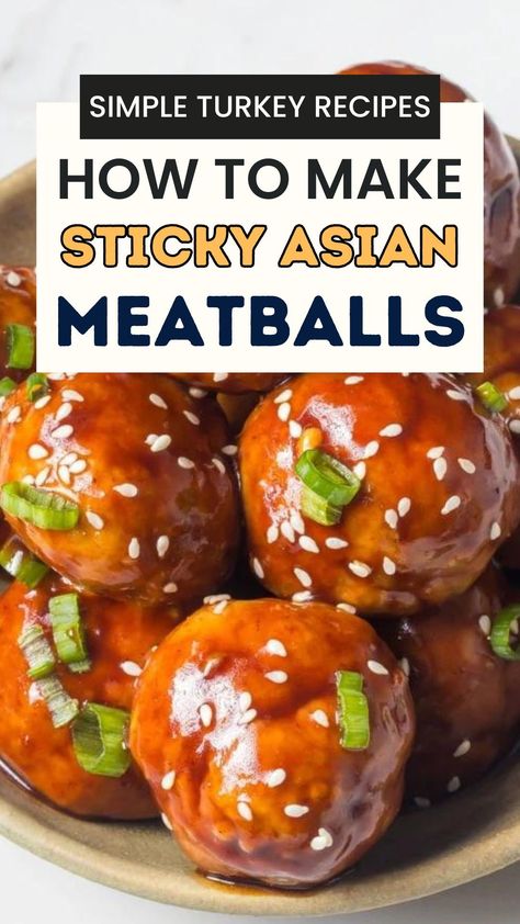 Delicious healthy sticky Asian turkey meatballs that super easy to make. Simply mix, oven bake and toss them in this tasty sauce then serve. Make this an easy meal by using leftover ground turkey! Serve these easy sticky and saucy Asian meatballs with rice, noodles or soup. An easy appetizer, side dish, lunch and dinner or superbowl party food option if you're cooking for a crowd! Leftover Ground Turkey, Meatballs With Rice, Easy Turkey Meatballs, Asian Turkey Meatballs, Asian Turkey, Easy Turkey Recipes, Asian Meatballs, Chinese Foods, Turkey Meatball Recipe