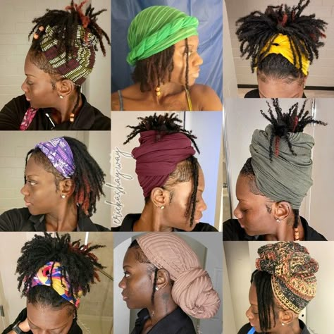 Loc Style With Scarf, Dreadlock Hairstyles With Scarf, Scarf On Short Locs, Head Wrap On Short Locs, Loc Hair Wrap Styles, Headband Hairstyles Locs, Loc Styles With Accessories, Scarf Hairstyles For Locs, Loc Styles With Bandana