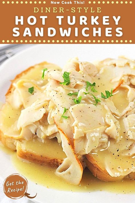 Diner-Style Hot Turkey Sandwiches • Now Cook This! Thanksgiving Dinner Sandwich, Ham And Turkey Lunch Meat Ideas, Open Faced Sandwich Turkey, Lunch Meat Turkey Ideas, What To Do With Turkey Lunch Meat, Hot Turkey Sandwich Crockpot, Hot Turkey Sandwich With Gravy Crock Pot, Easy Turkey Sandwiches, Turkey Lunch Meat Recipes Healthy