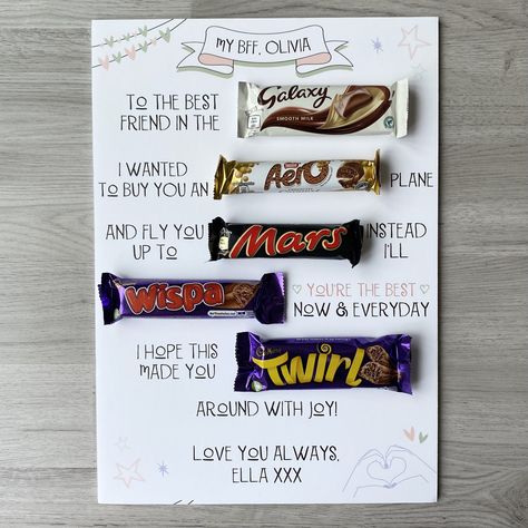 Celebrate your best friends Birthday, Christmas or anything in-between with our personalised Chocolate boards - the best present this year!  A3 Board Personalised with your name/s If the board is from more than one name we will automatically change to plural formPlease note we will not attach the chocolate (if you choose to have) - this will be provided separately along with adhesive for sticking.*Chocolate variations may be applicable due to supplier shortage however the title of the chocolate Chocolate Boards, Chocolate Board, Form Board, Unique Engagement Gifts, Personalised Chocolate, Wedding Chocolate, Christmas Gifts For Sister, Birthday Chocolates, Sister Christmas