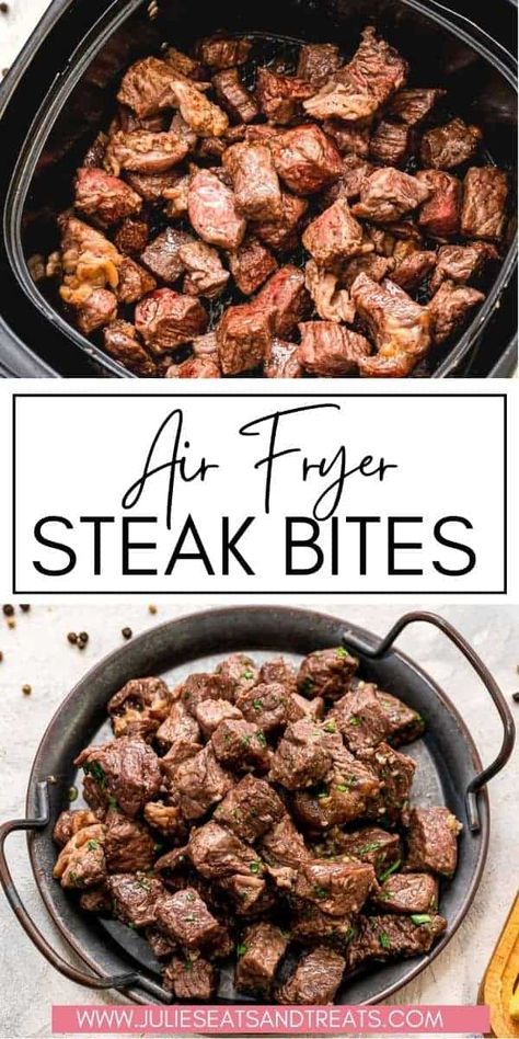 Need a quick dinner full of flavor? Try these delicious, tender and juicy Air Fryer Steak Bites tossed in a garlic butter. They are ready in about 15 minutes for a quick dinner recipe that doesn't lack in flavor. Air Fryer Steak Bites, Ways To Cook Steak, Garlic Butter Steak Bites, Butter Steak Bites, Round Steak Recipes, Air Fryer Garlic, Steak Bites Recipe, Air Fryer Steak, Butter Steak