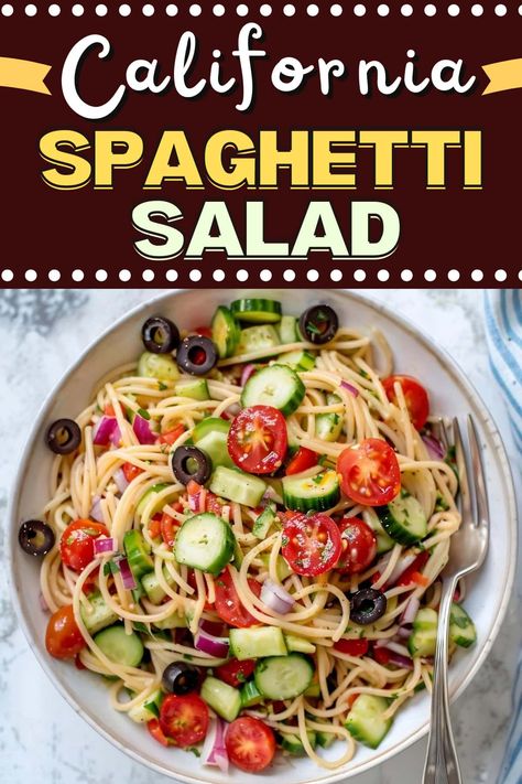 This California spaghetti salad is a fun twist on a classic! With long spaghetti noodles, colorful vegetables, and a cheesy vinaigrette, everyone will love it. Easy California Spaghetti Salad, Spaghetti Summer Salad, Spaghetti Noodle Salad, Spaghetti Pasta Salad Recipes, Pasta Salad With Spaghetti Noodles, Spagetti Salad Recipes, California Pasta Salad, California Spaghetti Salad Recipe, Camper Meals