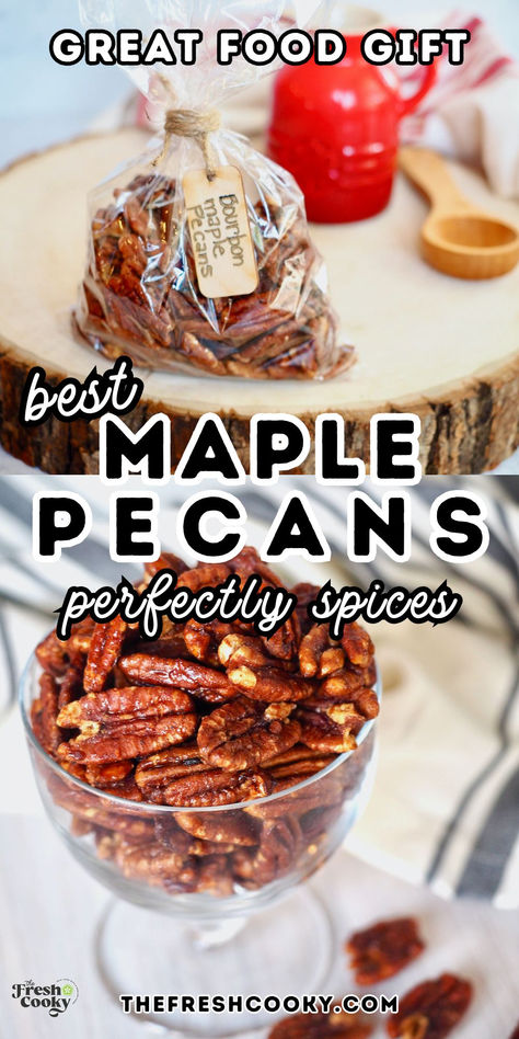 A pretty bowl filled with glazed maple pecans and a cello bag of maple pecans on a wooden board, for gifting. Holiday Nut Recipes Christmas Gifts, Maple Syrup Pecans, Maple Pecans Roasted, Almond Snacks, Christmas Treat Gifts, Bourbon Pecans, Pecan Treats, Pecan Candy, Maple Pecans