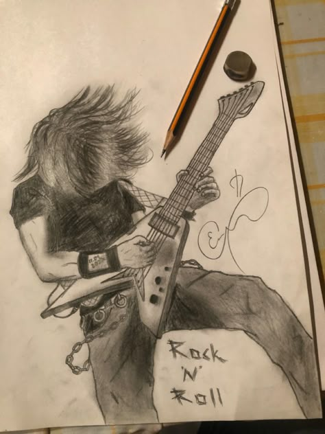 Rock Music Art Drawing, Rockstar Drawing, Guitar Draw, Skateboard Drawing, Music Art Drawing, Nirvana Art, Electric Guitar Art, Metal Drawing, Guitar Drawing