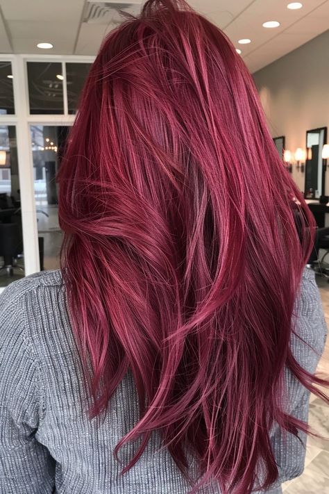 Pinkish Red Hair Color, Rose Ginger Hair, Dark Red Pink Hair, Bright Red Hair Color Ideas, Deep Pink Hair, Cherry Pink Hair, Mauve Hair Color, Summer Red Hair, Red And Pink Hair