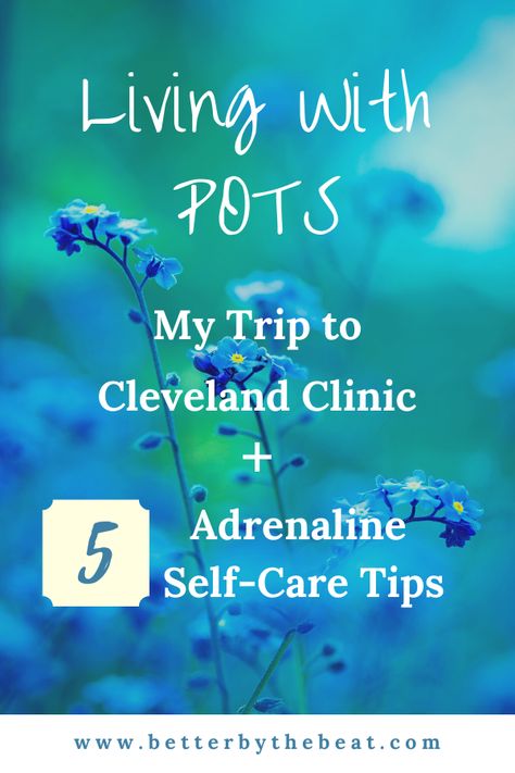 I recently had my 6-month check up at Cleveland Clinic for POTS Syndrome. Read about my experience, AND learn 5 easy self-care tips for lowering adrenaline levels in the body. #potssyndrome #dysautonomia #self-caretips #potsie #fightorflight Managing Pots, Pots Diet, Autonomic Nervous System Dysfunction, Vitamin Deficiency Symptoms, Dysautonomia Pots, Chronic Pain Relief, Autonomic Nervous System, Cleveland Clinic, Chronic Illness