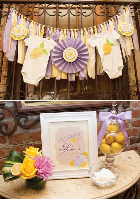 baby shower onesie garland Lavender Baby Shower Ideas, Onesie Garland, Office Baby Showers, Baby Shower Cupcakes For Girls, Lavender Baby Showers, Yellow And Lavender, Baby Shower Purple, Summer Baby Shower