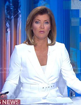 WornOnTV: Norah's white belted blazer on CBS Evening News | Norah O'Donnell | Clothes and Wardrobe from TV Nora Odonnell, Volleyball Girl, News Outfit, Clothes Organization Diy, Crepe Blazer, Ann Margret, Belted Blazer, O Donnell, White Belt