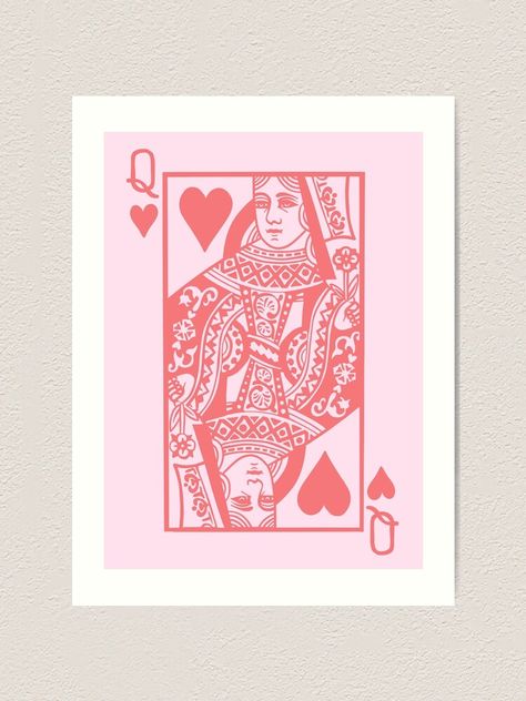 "Queen Of Hearts Card (Pastel Pink+Coral Red)" Art Print by acatalepsys | Redbubble Pink Queen Of Hearts Card, Pink Queen Of Hearts, Pink Red Illustration, Queen Card Painting, Queen Of Hearts Card Art, Pink And Red Drawing, Queen Card Design, Queen Card Illustration, Pink Playing Cards