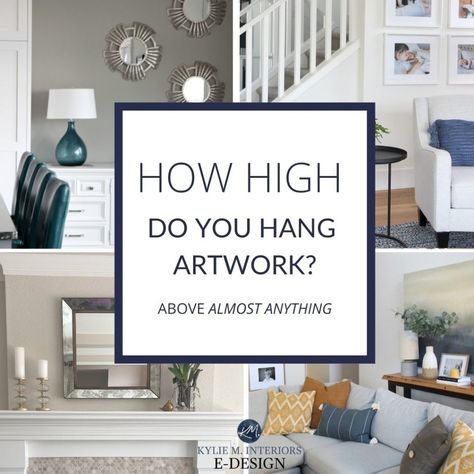 Ideas and tips to hang the right size artwork at the right height in a dining room, bathroom, vanity, bedroom, living room, fireplace mantel and more! #diningroom #livingroom #artwork #roundmirror #greige #hangingart #mirrors #decoratingtips #designtips #diy #homedecor #kylieminteriors #kyliemedesign How High To Hang Mirror Over Fireplace, How High To Hang Pictures, Picture Hanging Height, Hanging Pictures On The Wall, Home Paint Color, Wall Mirror, Interior Design Guide, Hanging Artwork, Hanging Paintings