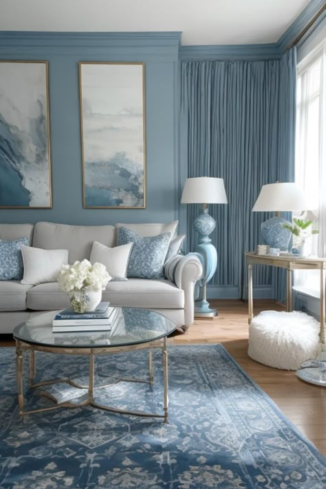 French Blue Living Room, Blue And Grey Living Room, Coastal Living Rooms Ideas, White Sitting Room, Blue Living Room Color, Old Money Interior Design, Light Blue Rooms, Old Money Interior, Blue Grey Living Room