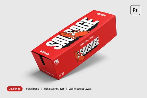 Sausage Food Box Mockup, Product Mockups ft. packaging & corndog - Envato Corndog Packaging, Fries Packaging, Candle Mockup, Mockup Product, Food Box, Fast Food Chains, Box Mockup, Corn Dogs, Cardboard Paper