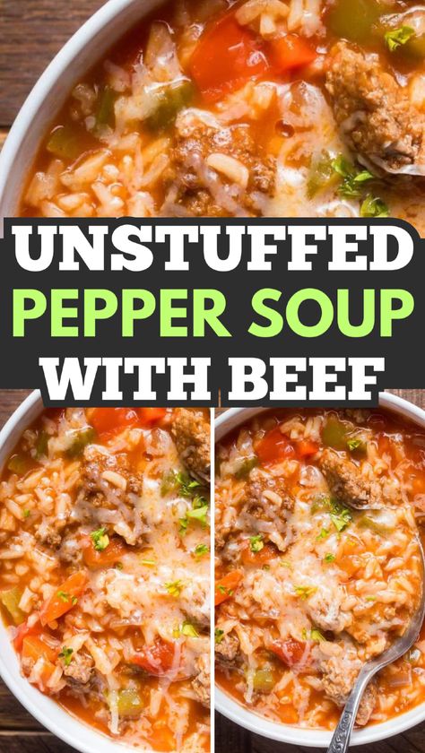 Transform your dinner routine with this quick and healthy unstuffed pepper soup! Packed with ground beef, bell peppers, and rice in a flavorful broth, this soup is both filling and easy to make. Ideal for busy weeknights, it offers all the deliciousness of stuffed peppers in a convenient soup form. Customize it with your favorite ingredients for a meal that the whole family will enjoy. Unstuffed Bell Pepper Soup, Stuffed Pepper Soup Crockpot Healthy, Stuffed Pepper Soup Cauliflower Rice, Keto Unstuffed Pepper Soup, Unstuffed Pepper Soup, 30 Minute Stuffed Pepper Soup, Peppers And Rice, Baked Bbq Pork Chops, Easy Winter Soups