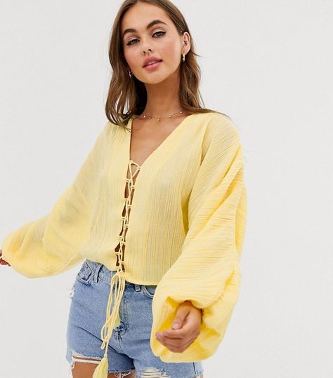 ASOS Design Long Sleeve Top in Natural Crinkle With Tie Front Detail Wife Style, Crinkle Top, Boho Style Tops, Slip Skirts, Asos Tops, High Street Fashion, Summer Blouses, Sell Out, High Fashion Street Style