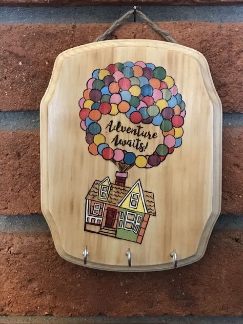 Beautiful Disney’s up theme hand made, hand burned key holder Disney Key Holder, Disney Wood Burning, Disney Paintings, Disney Up, Up Theme, Disney S, Disney Crafts, Awesome Art, Key Holder