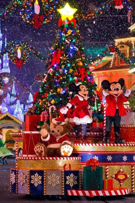 Disney Christmas parade of lights Disney World At Christmas, Disneyland Christmas Outfit, Disney Christmas Parade, Disneyland Paris Christmas, Christmas Outfit Aesthetic, Disney Merry Christmas, Christmas Lockscreen, Disneyland World, Duffy The Disney Bear