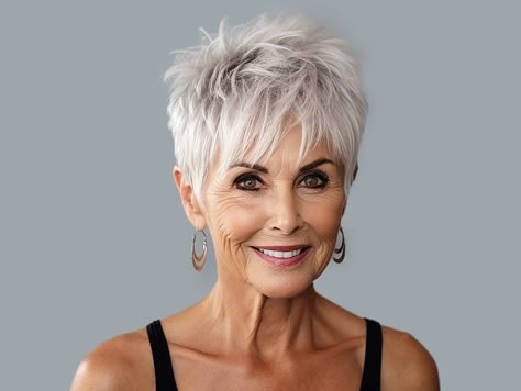 Older ladies who want a new short hairdo should consider a lixie cut! Short White Hair, Short Sassy Haircuts, Sassy Haircuts, Short Spiky Hairstyles, Short Silver Hair, Spiked Hair, Messy Short Hair, Short Grey Hair, Edgy Short Hair