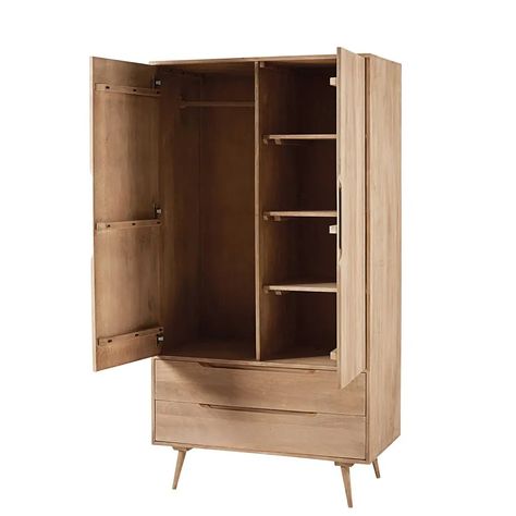 Solid mango wood 2-door 2-drawer wardrobe Trocadero | Maisons du Monde Wooden Wardrobe, Hanging Bar, Room Makeover Bedroom, Solid Mango Wood, Interior Design Kitchen, Mango Wood, Modern Rustic, Retro Design, Room Makeover