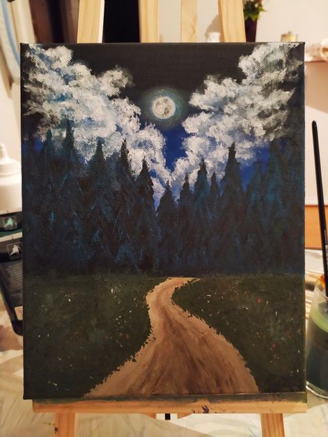 Forest At Night Painting, Night Forest Painting, Forest Drawing, Painting Night, Paintings Tutorials, Inspiration Painting, Scenery Paintings, Night Forest, Time Painting