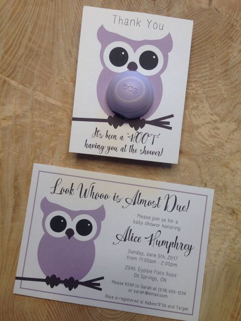 Owl themed baby shower invitation, 5x7 printable, matching EOS lip balm party favor, purple, brown, custom, personalized, download, girl Owl Themed Parties, Shower Photos, Owl Baby Shower Invitations, Owl Baby Shower Theme, Easter Stuff, Eos Lip Balm, Owl Party, Owl Baby Shower, Owl Baby