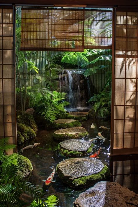 Home Japanese Garden, Indoor Koi Pond, Farmhouse Kitchen Window Treatments, Indoor Pond Ideas, Window Treatments Kitchen, Farmhouse Kitchen Window, Indoor Zen Garden, Kitchen Window Coverings, Indoor Bamboo