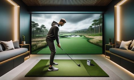 Golf In House, Golf Simulator Room Dimensions, Golf Simulator Movie Room, Golf Simulator Room Man Caves, Home Golf Simulator Room, Golf Simulator Room Design, Mountain Office, Golf Man Cave, Simulator Room