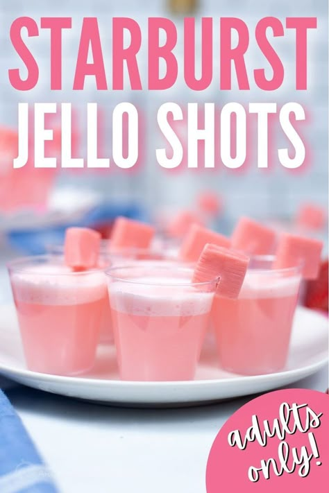 These pink Starburst Jello shots taste just like the candy. I'll show you how to make these popular cocktails along with flavor & color variations for holidays & special occasions. They are the perfect party cocktail - easy to make and you only need a few ingredients! Bridal Shower Jello Shots, Jello Shots Valentines Day, Color Party Pink Ideas, Pink Party Appetizers, Birthday Jell-o Shots, Pink Themed Cocktails, Pink Jello Shots Recipes, Valentines Day Jello Shots, Pink Jell-o Shots