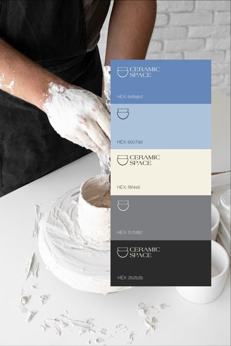 Ceramics Color Palette, Ceramic Color Palette, Pottery Studio Branding, Pottery Branding Design, Studio Color Palette, Ceramic Branding, Color Palette With Blue, Pottery Branding, Pantone Colour Palettes