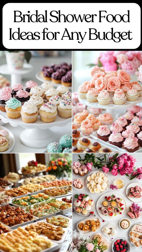 Assorted bridal shower food ideas for every meal and budget Tea Party Bridal Shower Ideas Food Fruit Cups, Bridal Shower Food Menu Ideas, Unique Bridal Shower Food Ideas, Breakfast Brunch Bridal Shower Ideas, Easy Brunch Shower Food, Work Wedding Shower Ideas Simple, Bridal Shower Menu Afternoon, Bridal Shower Brunch Food Ideas Breakfast Recipes, Bridal Shower Party Food