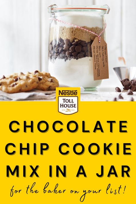 Our Nestle Toll House Chocolate Chip Cookie Mix in a Jar is the perfect DIY Christmas gift for the baker on your list! Spread smiles and cheer this holiday season with this creative gift idea. Get the instructions on our website. Choc Chip Cookies In A Jar, Chocolate Chip Cookie Mason Jar Recipe, Chocolate Chip Cookie Jar Recipe, Chocolate Chip Cookie In A Jar Recipe Gift, Chocolate Chip Cookies In A Jar Gift, Mason Jar Chocolate Chip Cookies, Diy Christmas Cookie Jars, Cookie Jar Recipe Gift, Diy Cookie Mix In A Jar