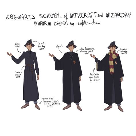 Harry Potter Robes Drawing, Harry Potter Wizard Robes, Uniform Drawing Reference, Hogwarts Uniform Drawing, Wizard Outfit Design, Magic School Uniform Design, Wizarding World Fashion, Uniform Drawing, Wizarding Fashion