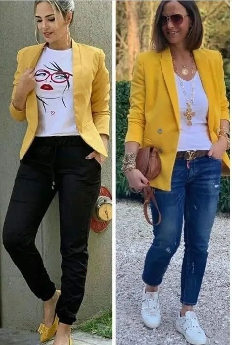 Chic Sporty Outfits, Yellow Blazer Outfit, 60 Outfits, Outfits Gorditas, Color Combos Outfit, Comfy Casual Outfits, Trendy Business Casual, Dressy Casual Outfits, Yellow Cardigan