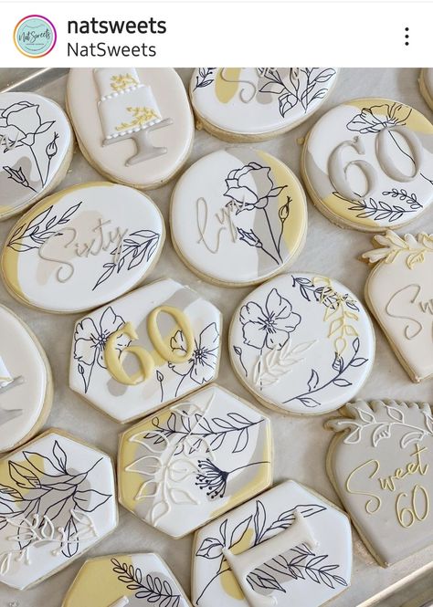 25 Cookies Decorated, 70 Birthday Cookies Decorated, Line Art Cookies, Elegant Cookies Decorated, Elegant Decorated Cookies, Drawing Cookies, Eid Cookies, Art Cookies, Elegant Cookies