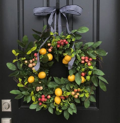 Black Front Door, Porch Wreath, Driven By Decor, Lemon Wreath, Summer Door Wreaths, Black Door, Summer Wreaths, Spring Door, Wreath Summer