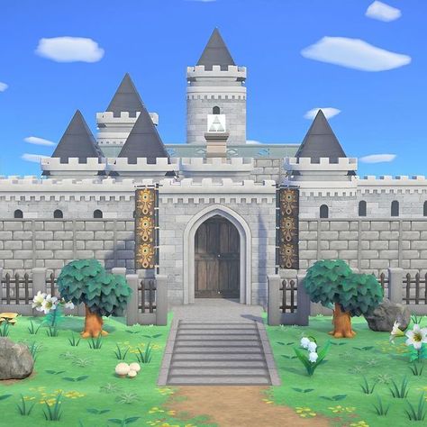 Michelle 👑 ACNH Addict on Instagram: "🏰 Hyrule Castle Tutorial 🏰 Swipe to see how I made Hyrule Castle. Tag me if you decide to recreate it! Today is our last full day of vacation and we head home tomorrow. I’m looking forward to sleeping in my own bed again. 😂 Hope you all have an amazing Friday and weekend! Codes: Triforce symbol: MA-8283-3960-1682 Castle wall: MA-3226-1445-8641 Sheika banners: MA-3206-8881-3117 Castle doors: MA-1944-3607-0570 #acnhexterior #acnhbuilds #acnhcastle #acnh Acnh Castle Custom Design, Acnh Castle Floor, Elegant Animal Crossing Codes, Acnh Gate Designs, Acnh Hogwarts Castle, Acnh Castle Ideas, Acnh Castle House, Acnh Castle Designs, Animal Crossing Castle