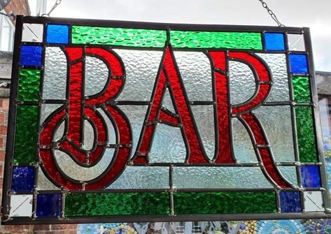 Stained Glass Bar Sign, Pub Stained Glass Windows, Stained Glass Typography, Stained Glass Words, Stained Glass Sign, Glass Store, Glass Bar, Stained Glass Crafts, Art Practice