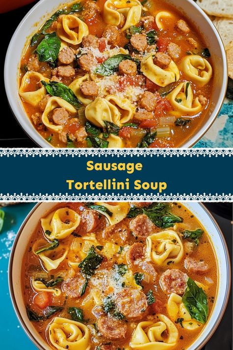 Enjoy a satisfying mix of Italian sausage, plump tortellini, and fresh herbs in this deliciously hearty soup that warms the soul. Tortellini Soup With Smoked Sausage, Tortellini Recipes With Italian Sausage, Ground Sausage Tortellini Soup, Italian Sausage Tortilla Soup Recipe, 30 Minute One Pot Creamy Italian Sausage Tortellini Soup, Soups Using Italian Sausage, Hot Sausage Tortellini Soup, Tortellini Kale Sausage Soup, Italian Soup With Tortellini