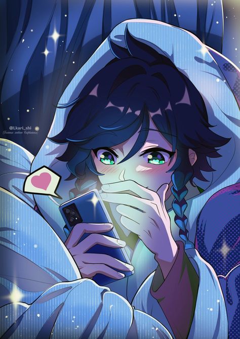 Safebooru - 1boy absurdres black hair blanket blue hair blush braid cellphone closed mouth covering own mouth genshin impact gradient hair green eyes hand over own mouth heart heart-shaped pupils highres holding holding phone lkari shi long sleeves male focus multicolored hair phone smartphone smile solo symbol-shaped pupils twin braids venti (genshin impact) | 4927703 Venti Hair Down, Venti Pfp Icon, Venti Hair, Genshin Eyes, Hair Covering One Eye, Barbatos Genshin Impact, Venti Art, Venti Icon, Venti Genshin Impact