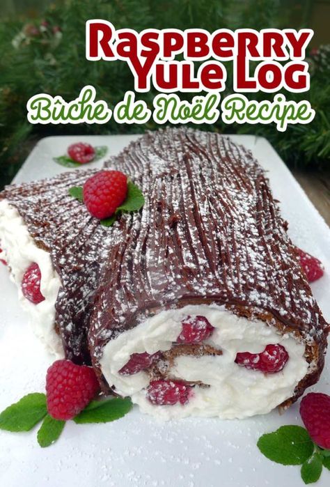 Raspberry Yule Log Bûche de Noël Recipe Chocolate Yule Log Recipe, Christmas Cake Roll, Yule Log Cake Recipe, Gluten Free Christmas Desserts, Traditional Christmas Desserts, Yule Log Recipe, Jelly Roll Cake, Chocolate Yule Log, Cake Jelly