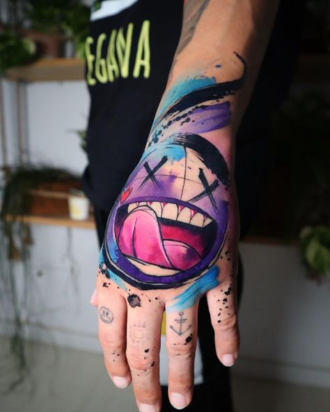 Mens Colorful Tattoos, Hand Tattoos Colorful, Bold Color Tattoo, Small Man Tattoo Ideas, Black And Grey Tattoo With Pop Of Color, Black And Gray Tattoos With Pop Of Color, Abstract Watercolor Tattoo, Bright Color Tattoos Men, Small Trippy Tattoos For Guys