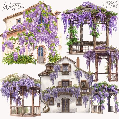 Wisteria On Building, Wisteria Craft, Cottagecore Png, Wisteria Flowers, Floral Crafts, Purple Wisteria, Wooden Gazebo, Stylist Tattoos, Flowers Clipart