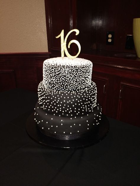 Sweet 16 black and pearl cake. Sweet Sixteen Black And Gold, Sweet 16 Birthday Cakes Black, Black And Silver 18th Birthday Cake, Black And Silver Sweet 16 Decorations, Black Pearl Cake, Black Tie Sweet 16 Party Ideas, Sweet 16 Cakes Black, Cake Designs Sweet 16, Black White And Silver Sweet 16