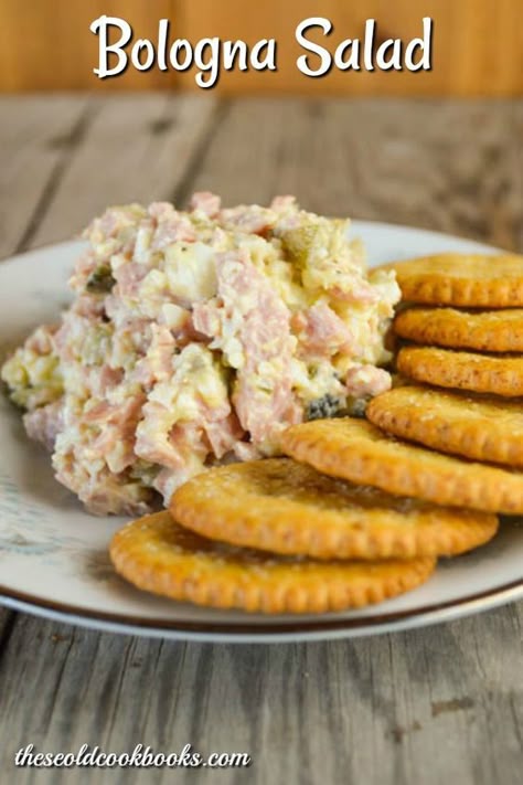 Bologna Salad Recipe Perfect on Crackers, Toast or as a Sandwich Bologna Salad Recipe, High Roller Sandwiches, Bologna Appetizers, Fried Bologna Sandwich Recipe, Bologna Sandwich Spread, Bologna Sandwich Recipes, Cracker Spreads, Bologna Salad, Sandwich Spread Recipes